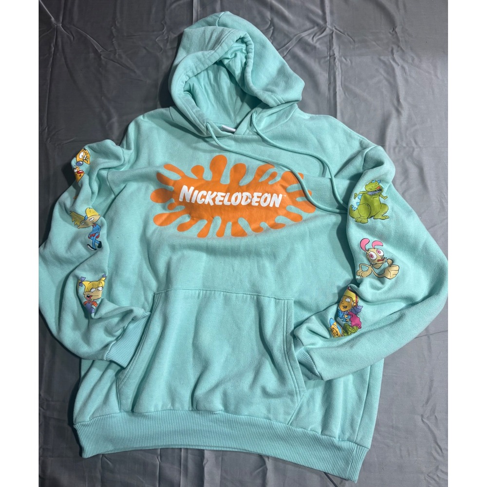 Nickelodeon Mens Mint Green 90s vibe Characters Graphic Hoodie Sweatshirt Large